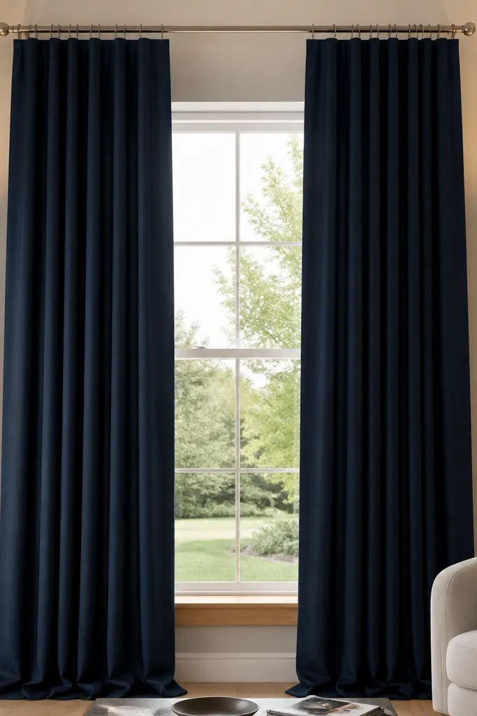 Floor-to-ceiling curtains hanging from a rod high above a window