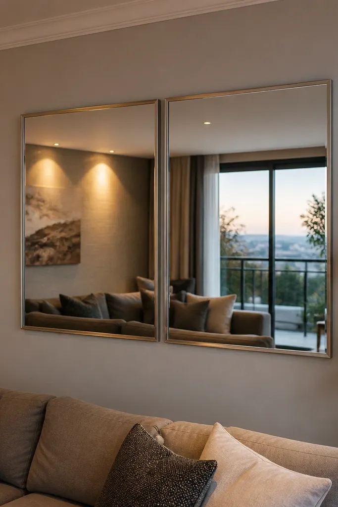 Large wall mirror mounted high on a double-height wall