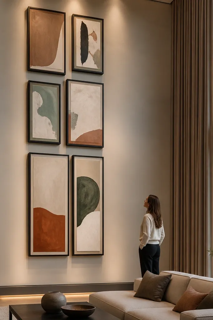 Six framed prints arranged as a tall gallery wall on a double-height wall