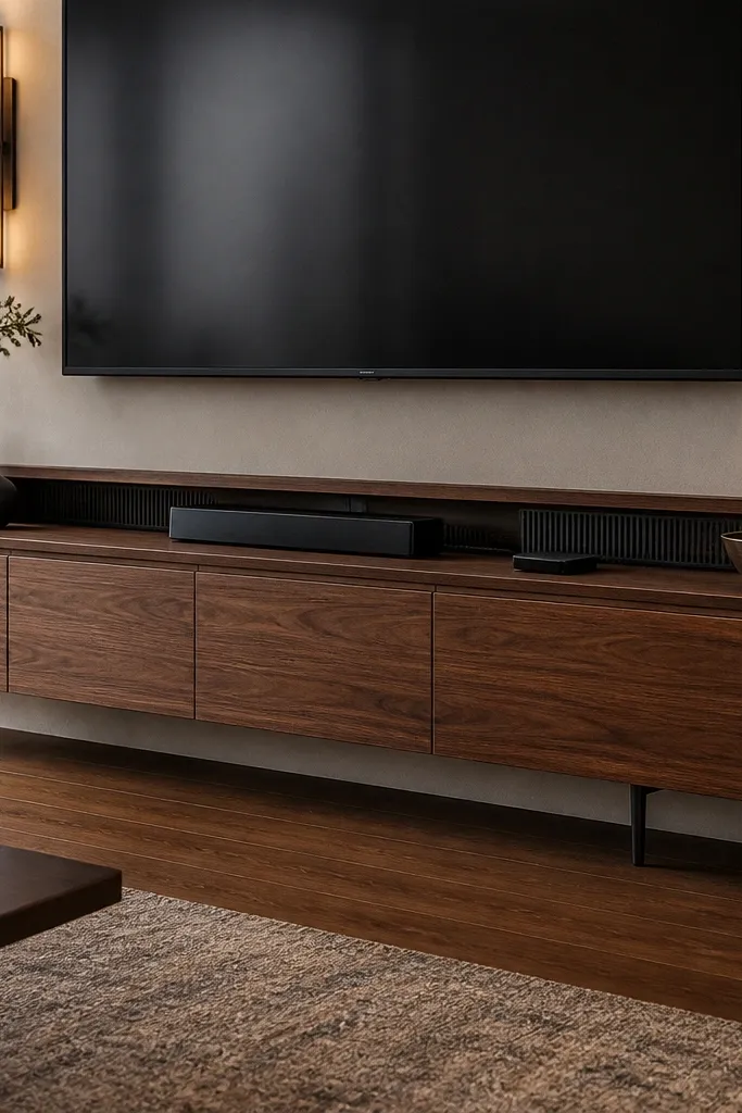 Low floating media console with hidden cables and clean lines