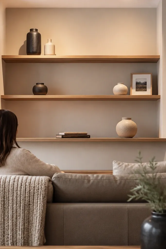 Wall shelves arranged in a stepped pattern behind a seating area