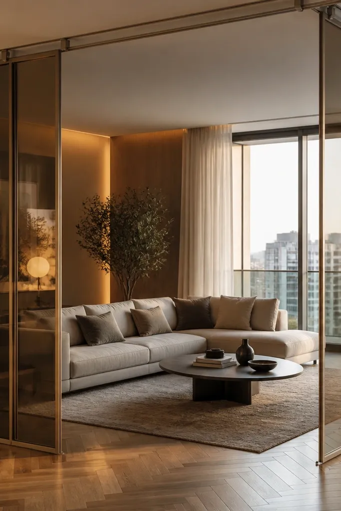 Freestanding panel divider spanning floor to ceiling in a double-height room