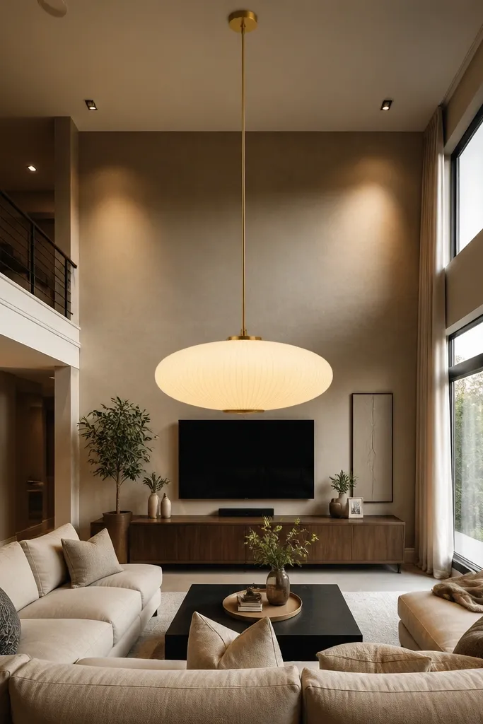 Large pendant light hanging above a seating area with warm light