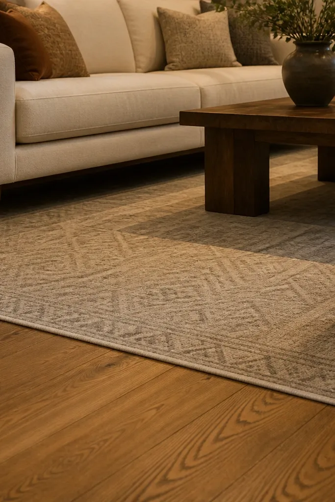 Large area rug under a sofa with clean edges and a subtle pattern