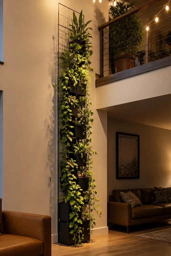 Corner plant column with a trellis and tall greenery