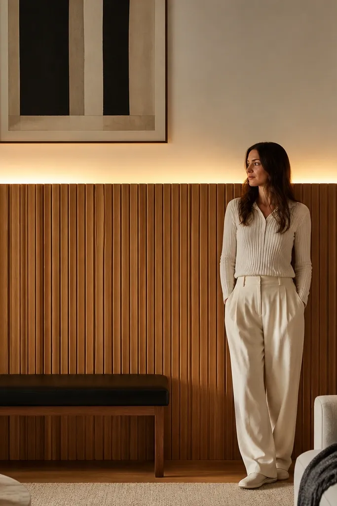 Single feature wall with vertical wood slats in a double-height room