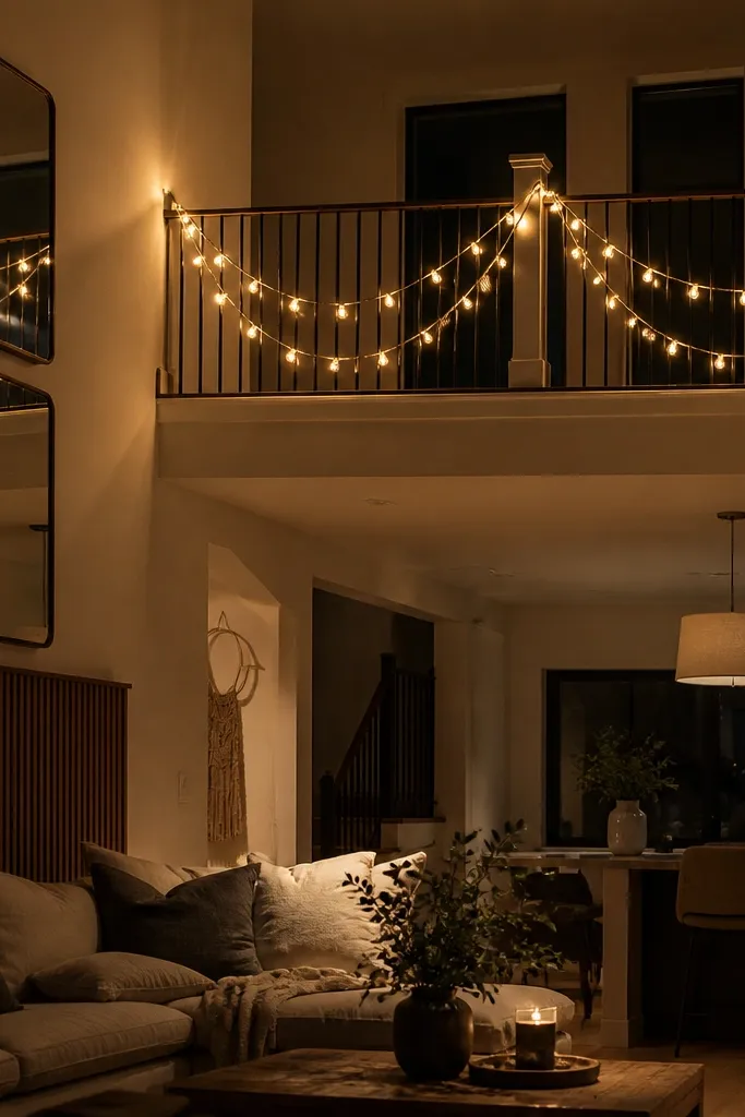 Warm string lights draped in a gentle arc above a balcony rail