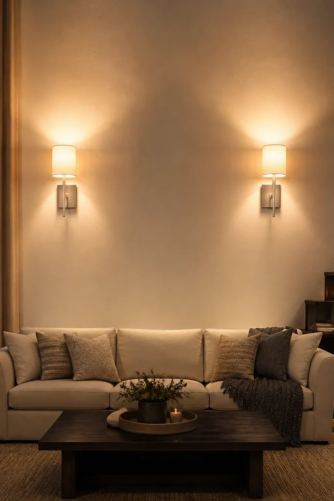 Two matching wall sconces with fabric shades on a tall wall