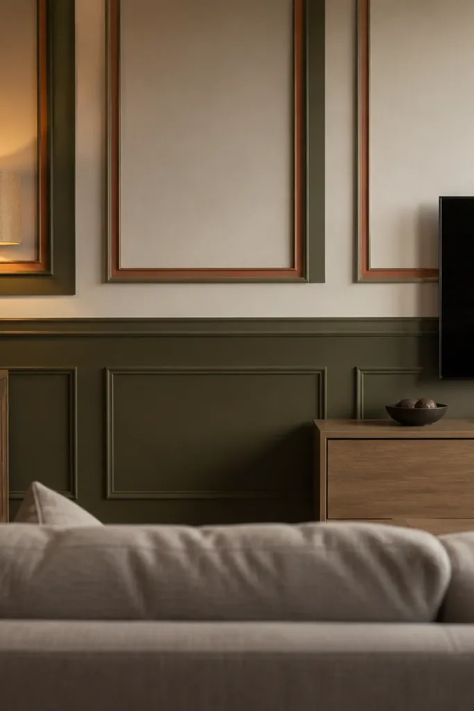 White wall with thin grid molding painted soft olive behind sofa