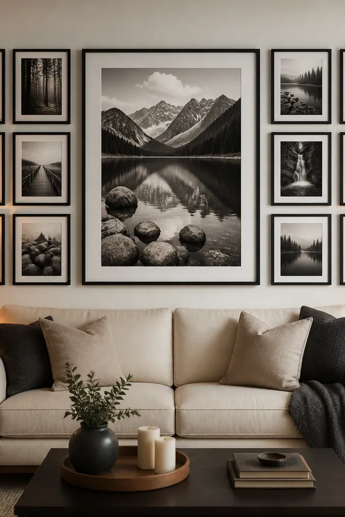 Three framed prints arranged with one larger center frame on light wall