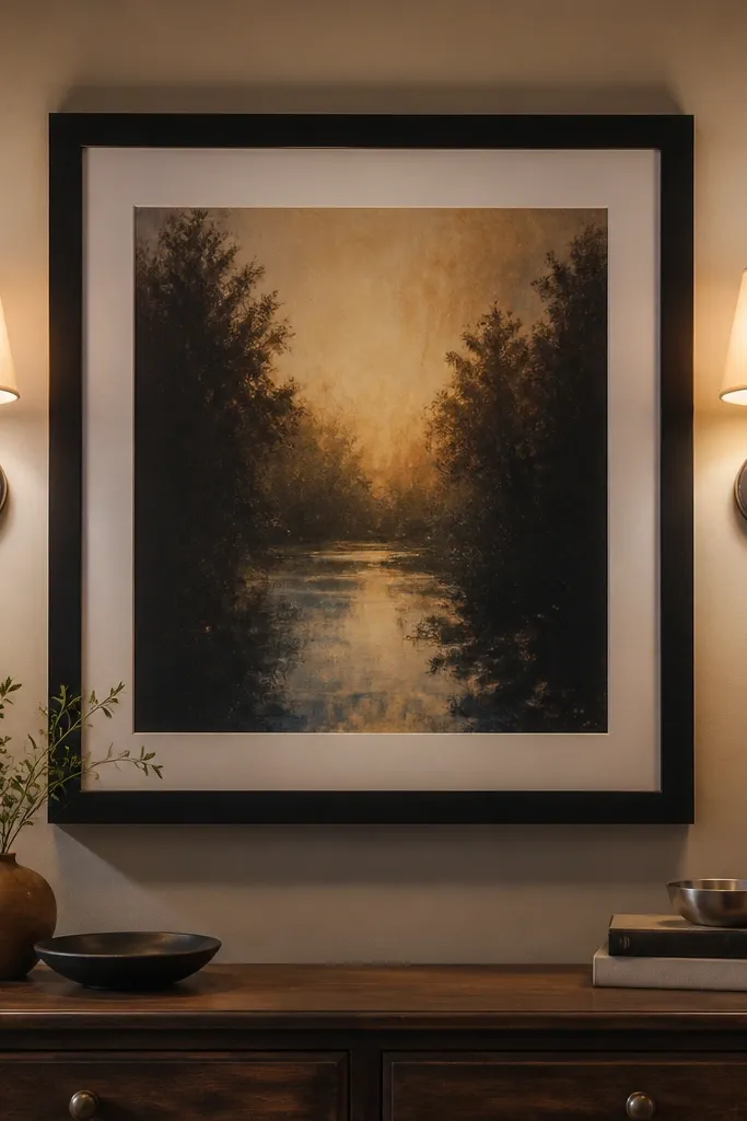 Two matching wall lights flanking a framed print on neutral wall