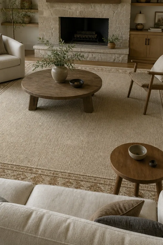 Patterned rug with a border design in warm neutrals