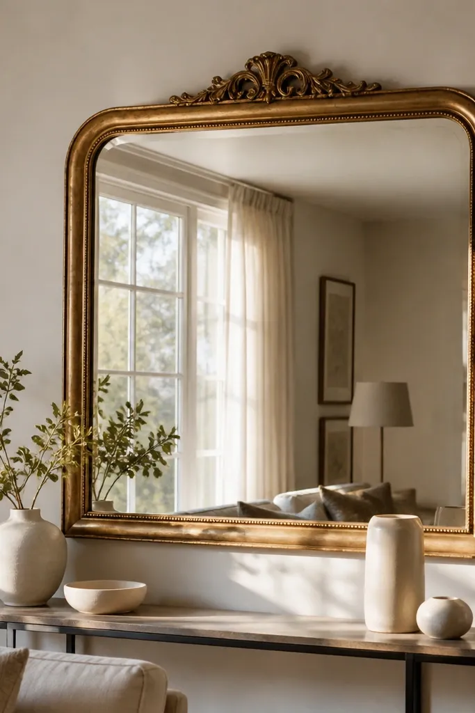 Large wall mirror with a thin wood frame on a light wall
