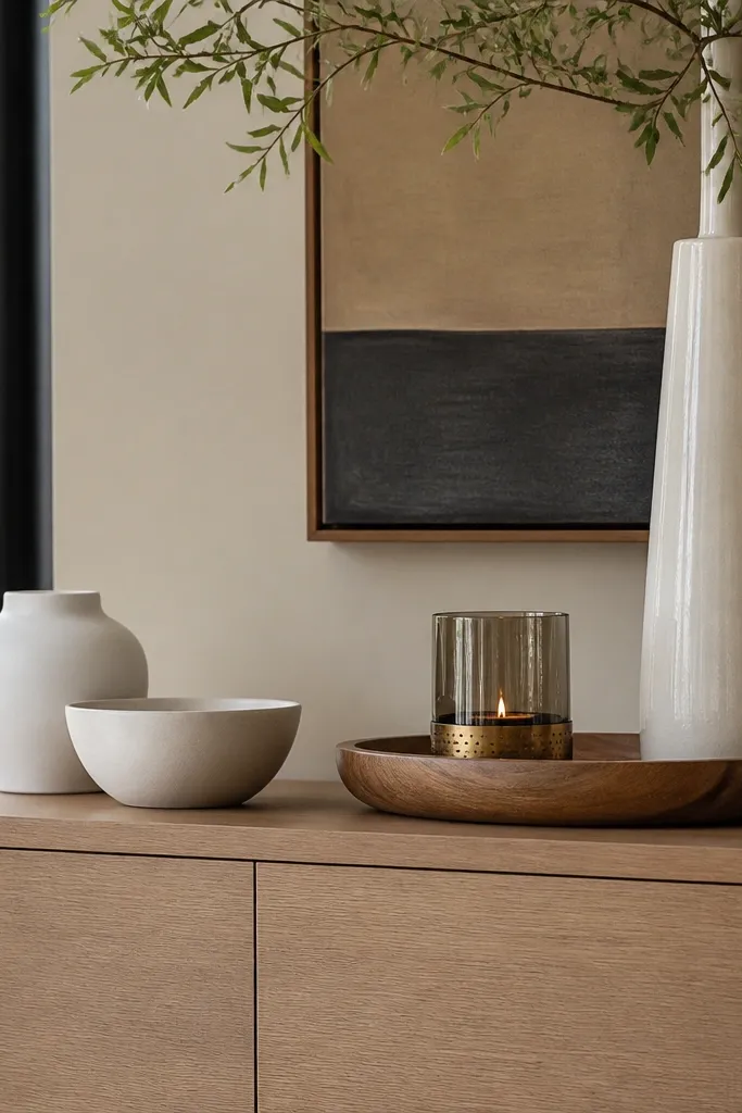 Sideboard styled with tall ceramic vase and low tray in coordinated colors