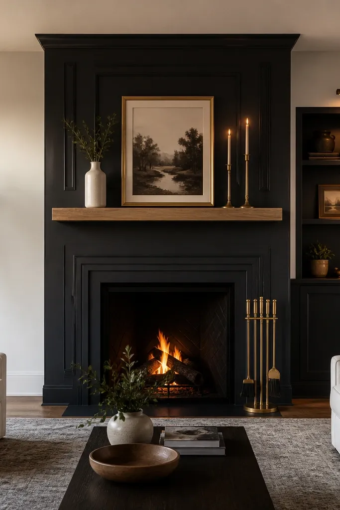 Matte charcoal fireplace surround with light wall around it