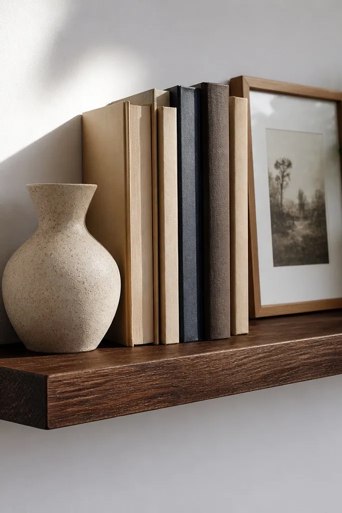 Walnut-stained floating shelf holding books, a small sculpture, and a frame