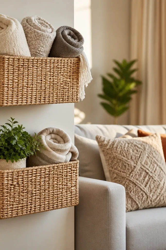 Woven baskets mounted on a wall with hooks beneath for small items