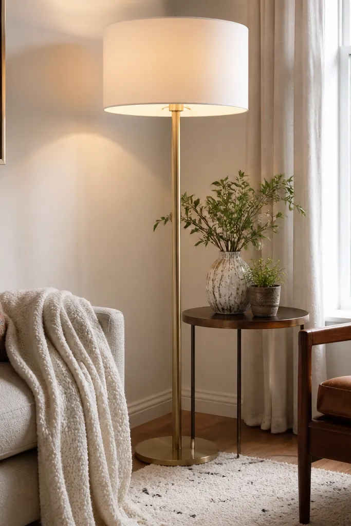 Tall floor lamp with a new white drum shade next to sofa
