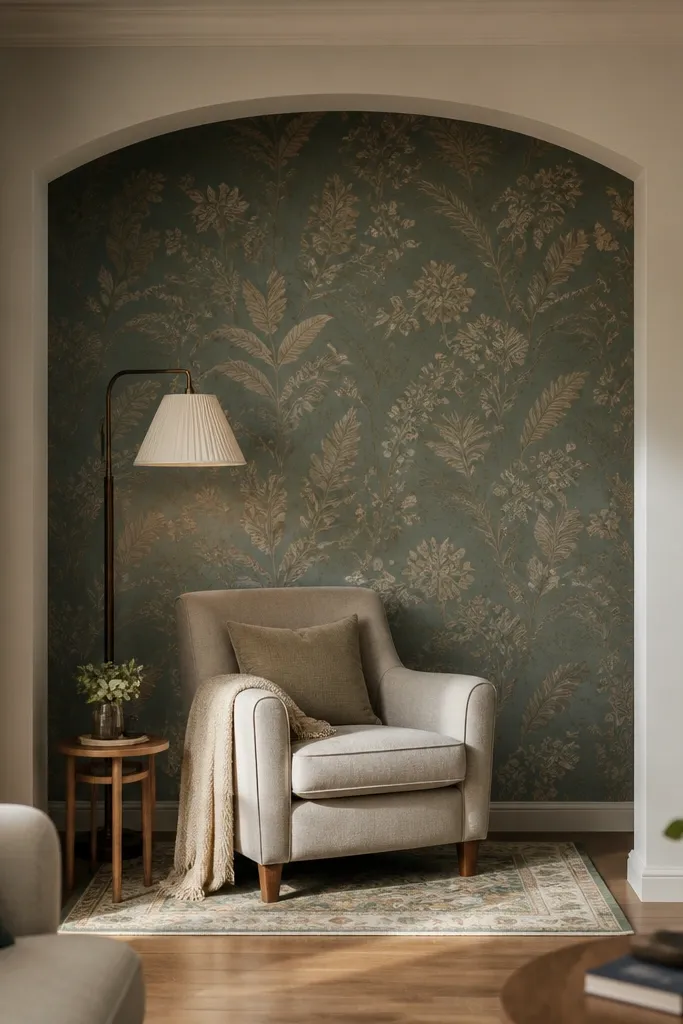 Peel-and-stick wallpaper pattern on one wall section behind a chair