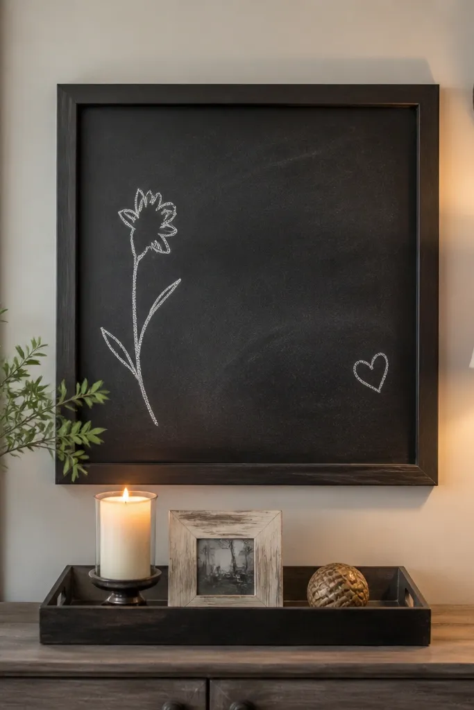 Small framed chalkboard above a console with minimal decor around it