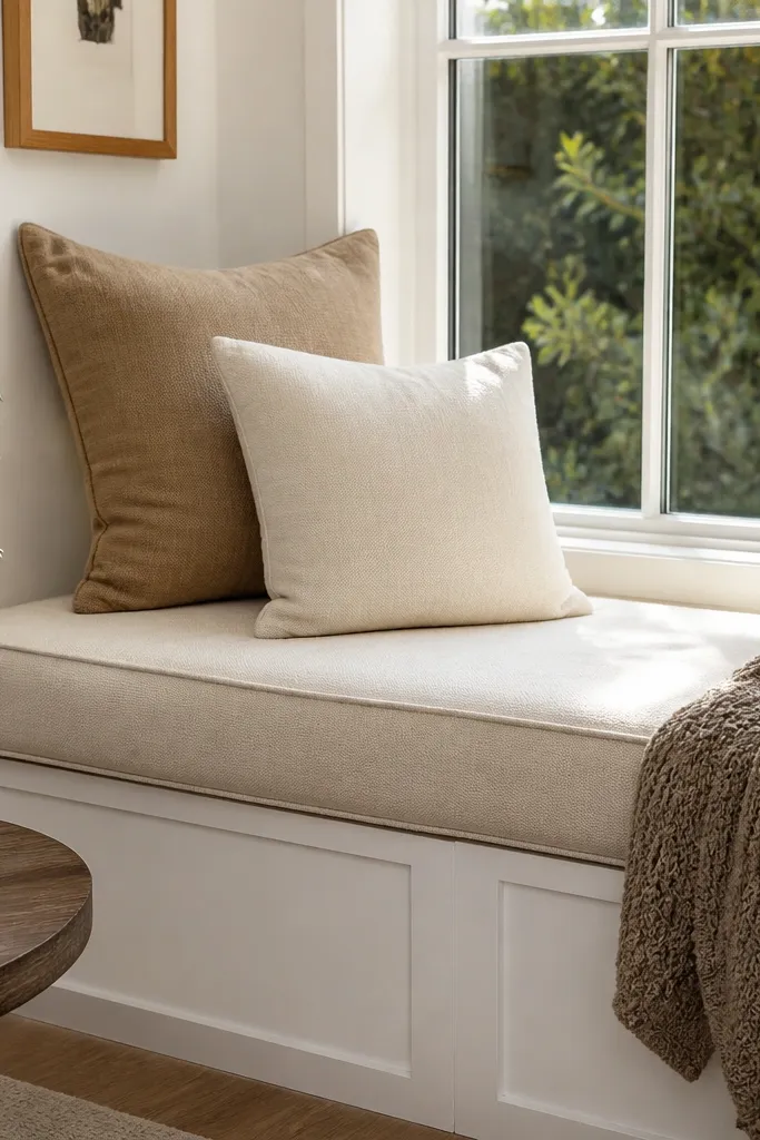 Bench cushion on window seat in neutral fabric with removable cover