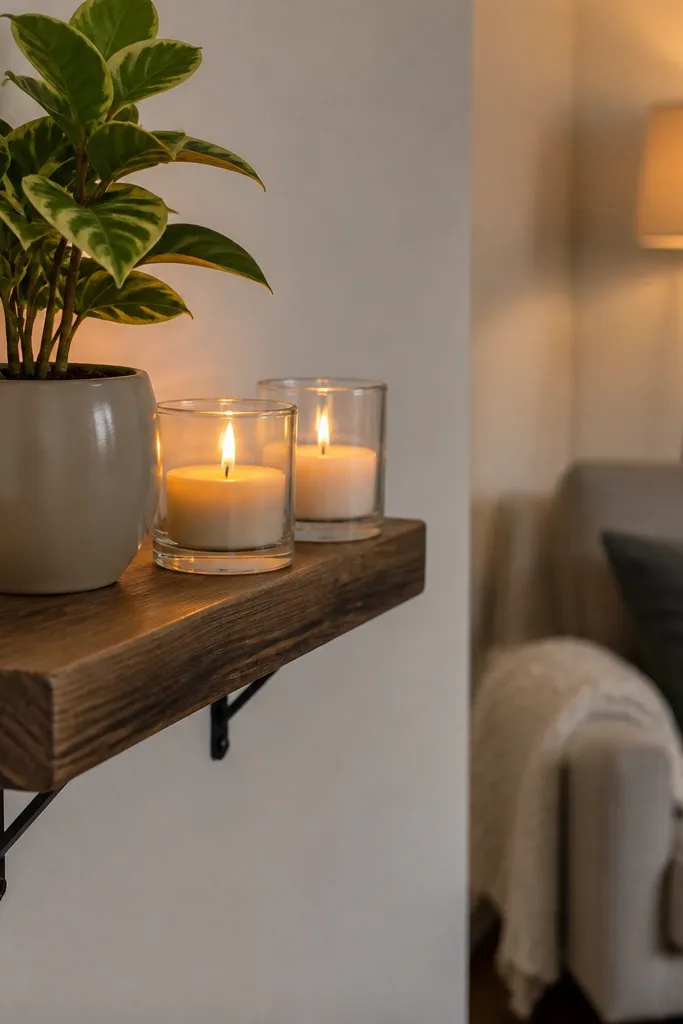 Small wall shelf with candle holders and one potted plant in a ceramic pot