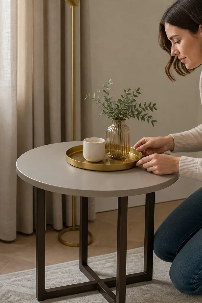 Side table with a fresh top finish and matching tray and lamp