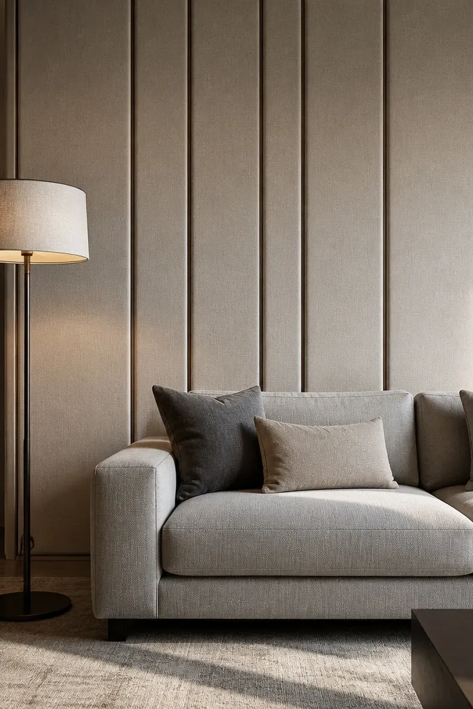 Wall panel with vertical slats covered in linen fabric in warm neutral