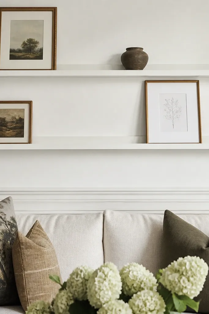 Two painted picture ledges holding small frames and a vase
