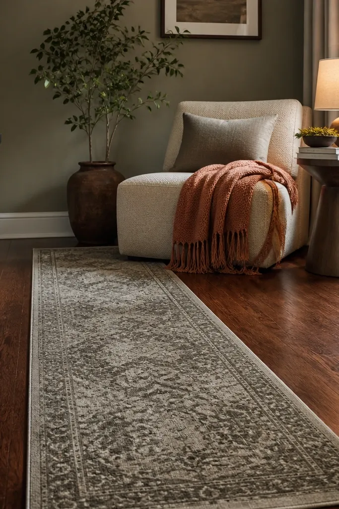 Cozy corner with small chair, warm throw, and rug runner under it
