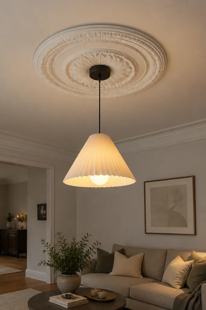 Pendant light centered under a decorative ceiling medallion on white ceiling