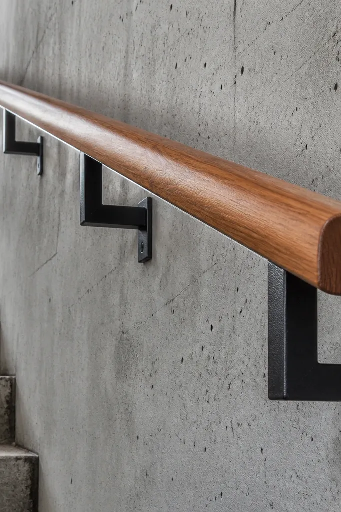 Black metal wall brackets with a warm wood handrail on a basement stair wall