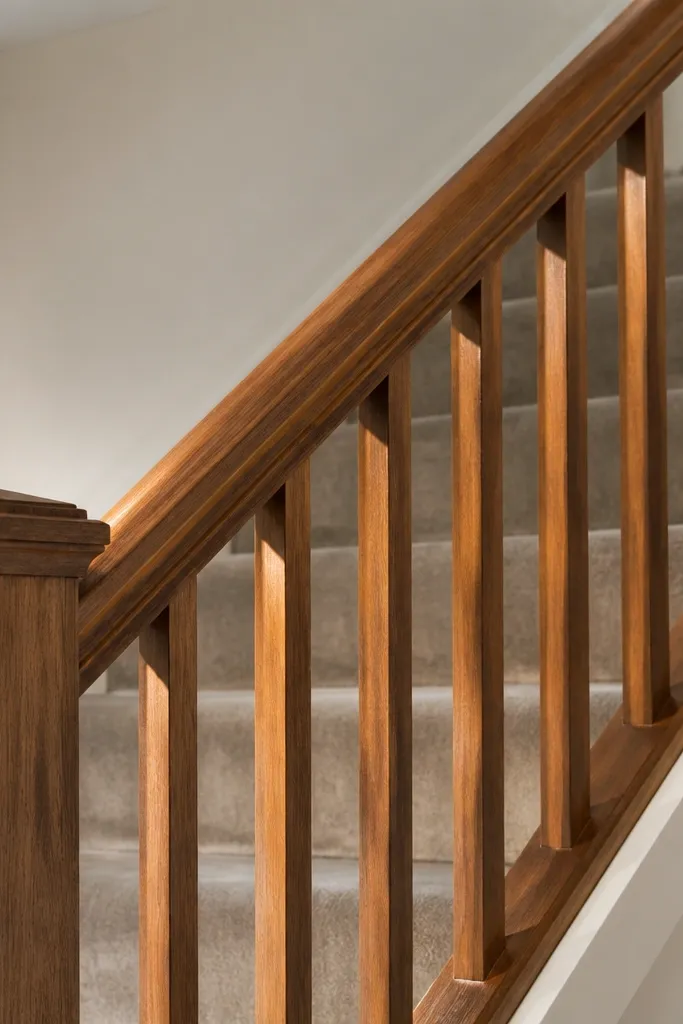 Stained wood handrail with evenly spaced square wooden spindles on a basement staircase