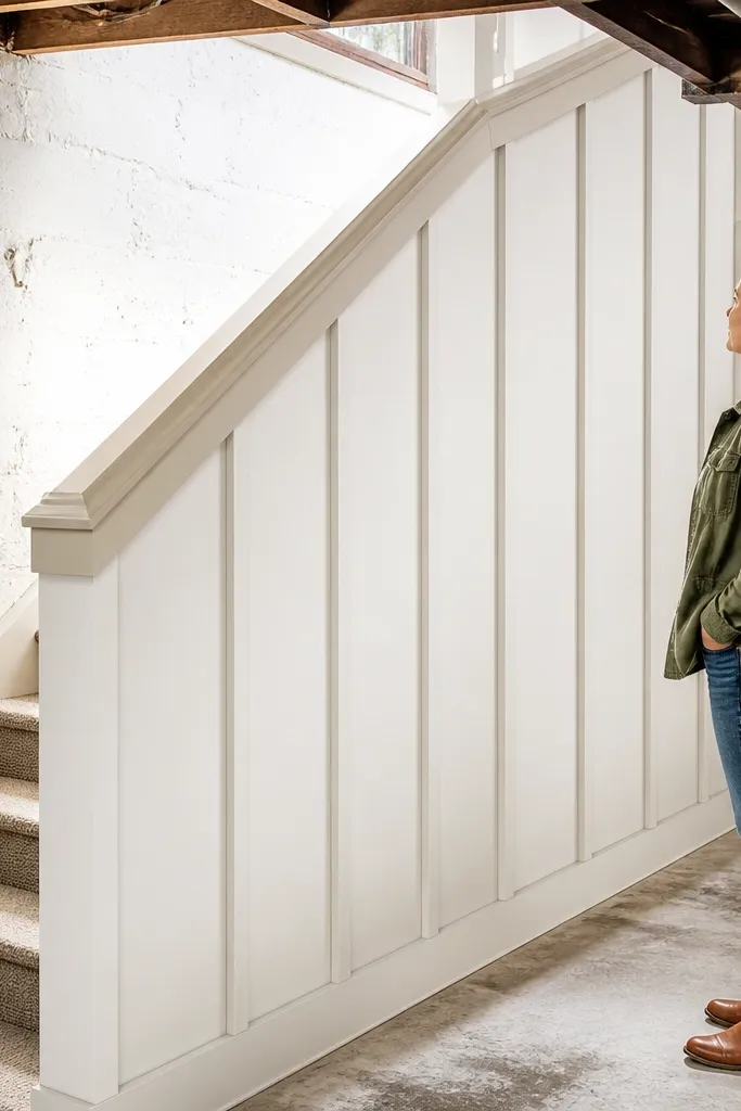 Painted white railing with vertical board sections between posts on basement stairs