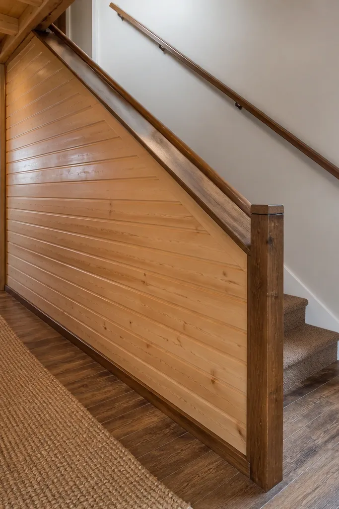 Wood shiplap panel under a handrail on a basement staircase