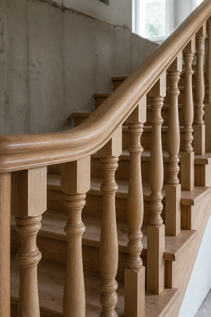 Oak-toned handrail with rounded turned wood balusters on basement stairs