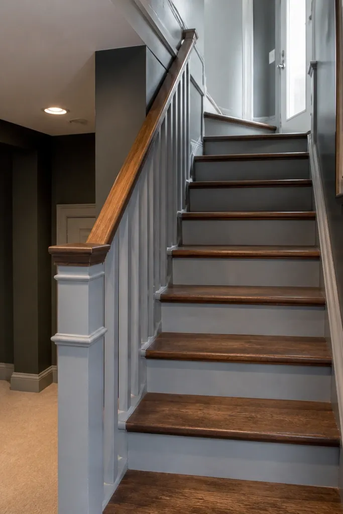 Walnut stained handrail with light gray posts on a basement stair railing
