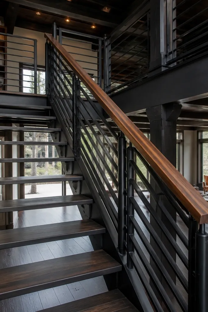 Black painted steel tubes with a wood handrail on basement stairs