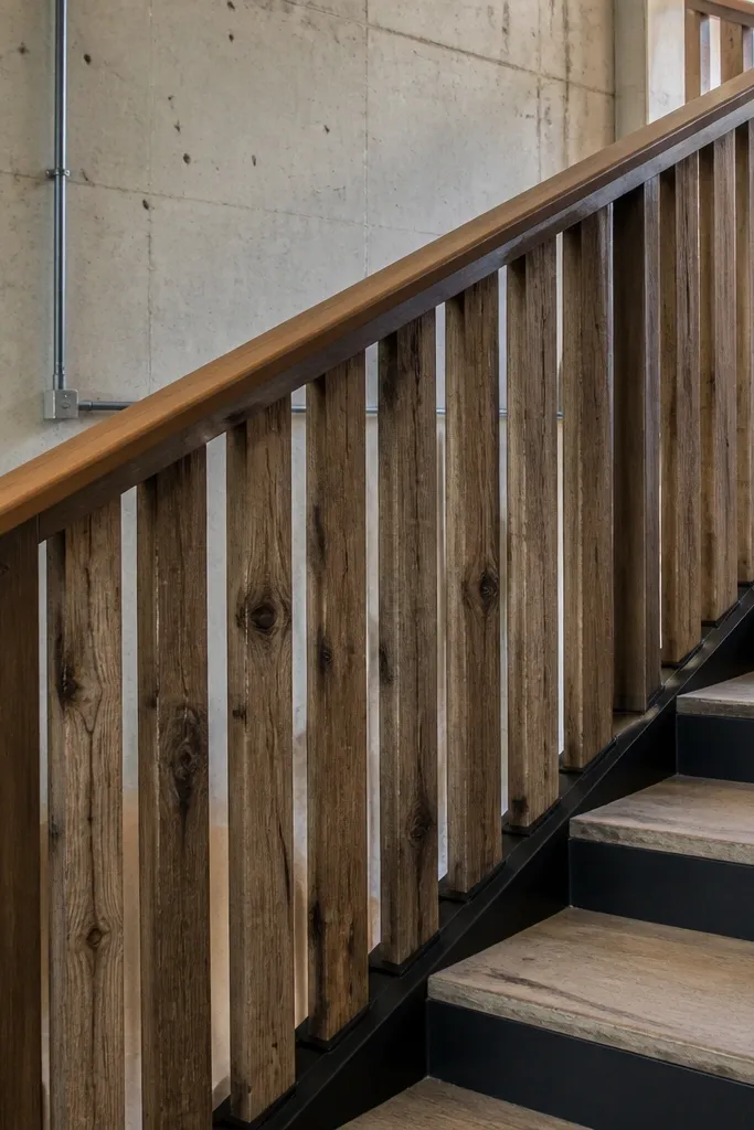 Stained reclaimed wood pickets between posts with a smooth handrail