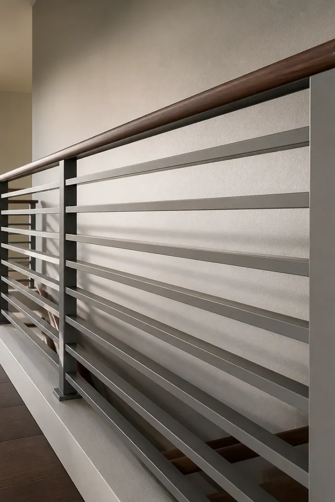 Horizontal wood slats between posts with a rounded handrail on basement stairs