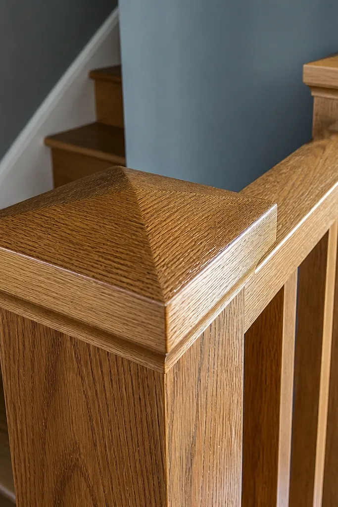 Straight stair railing with clean mitered post caps and a smooth handrail