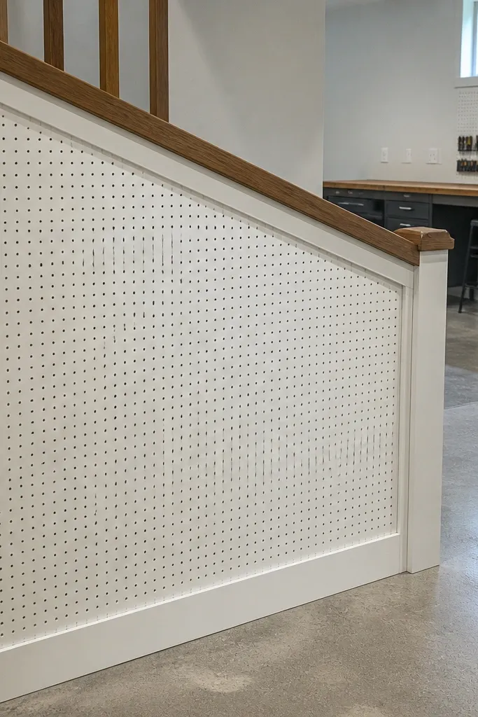 White pegboard panel beneath a handrail on basement stairs