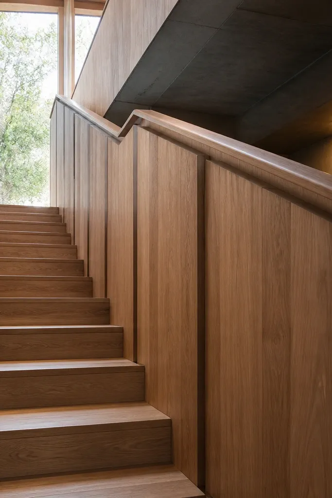 Thick wood slab panels between posts under a rounded handrail
