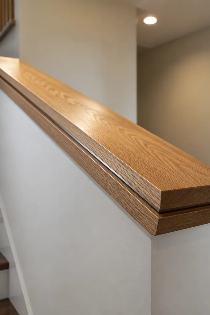 Handrail made from two boards with hidden brackets on a basement stair