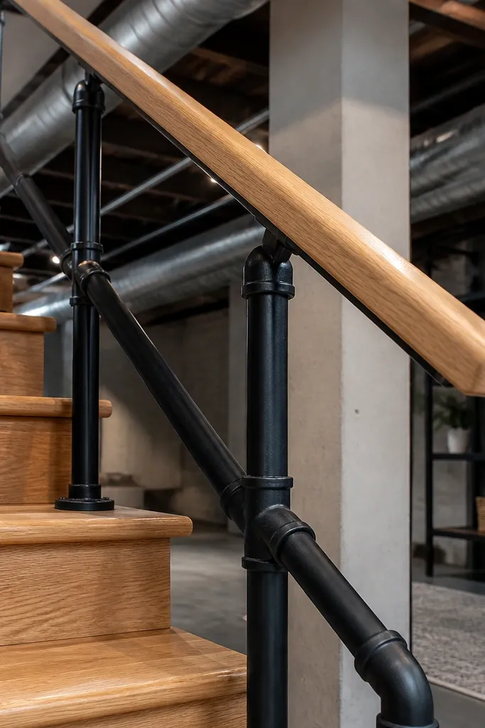 Galvanized pipe uprights painted black with a wood hand grip on basement stairs