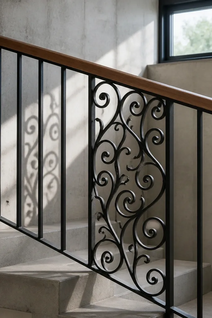 Wood handrail with one section containing black metal scrollwork on basement stairs