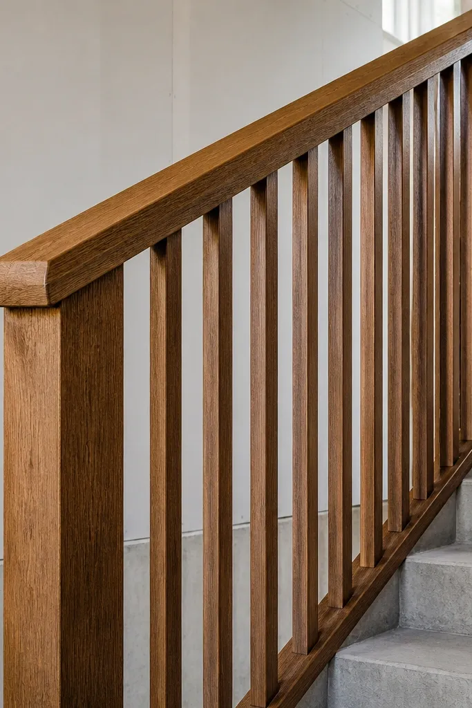 Wood handrail with deck-style balusters mounted cleanly between posts