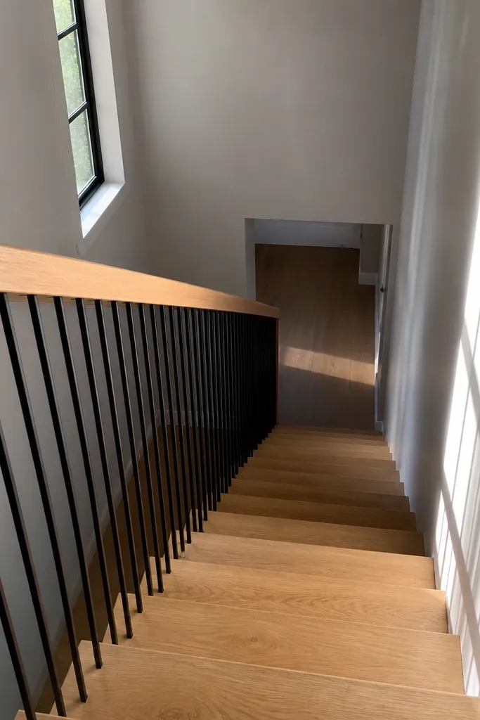 Vertical metal rods between posts with a smooth wood handrail