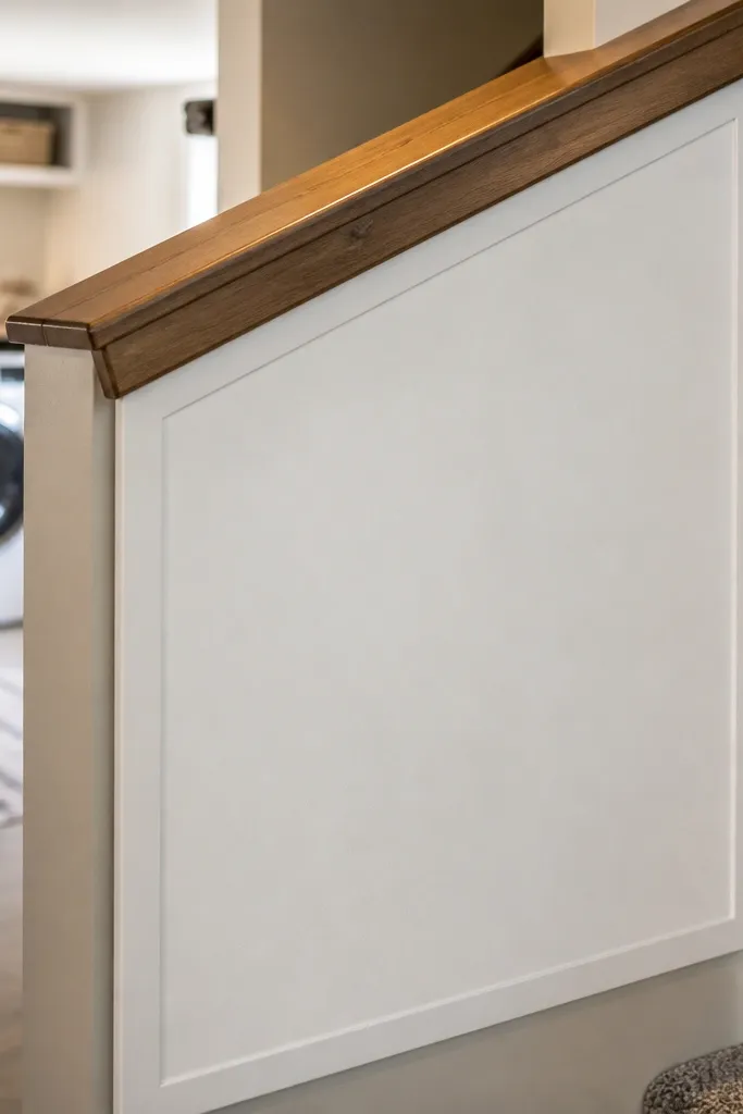 White painted panel under a handrail with a smooth matte finish on basement stairs