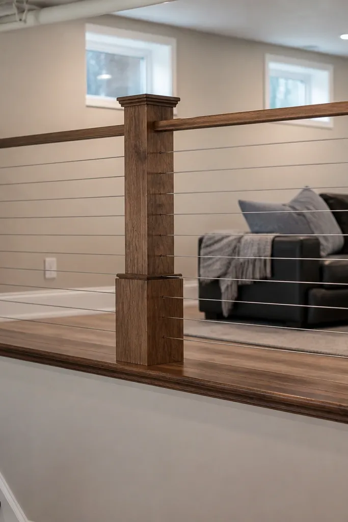 Cable railing with wood skirts around posts and a warm wood handrail